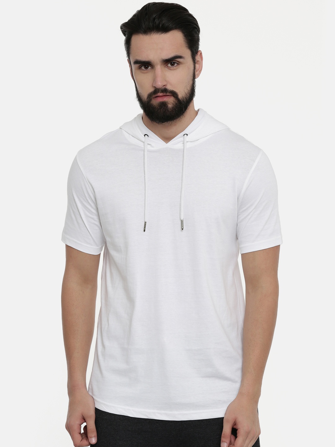 

Bushirt Men White Solid Hood Pure Cotton T-shirt