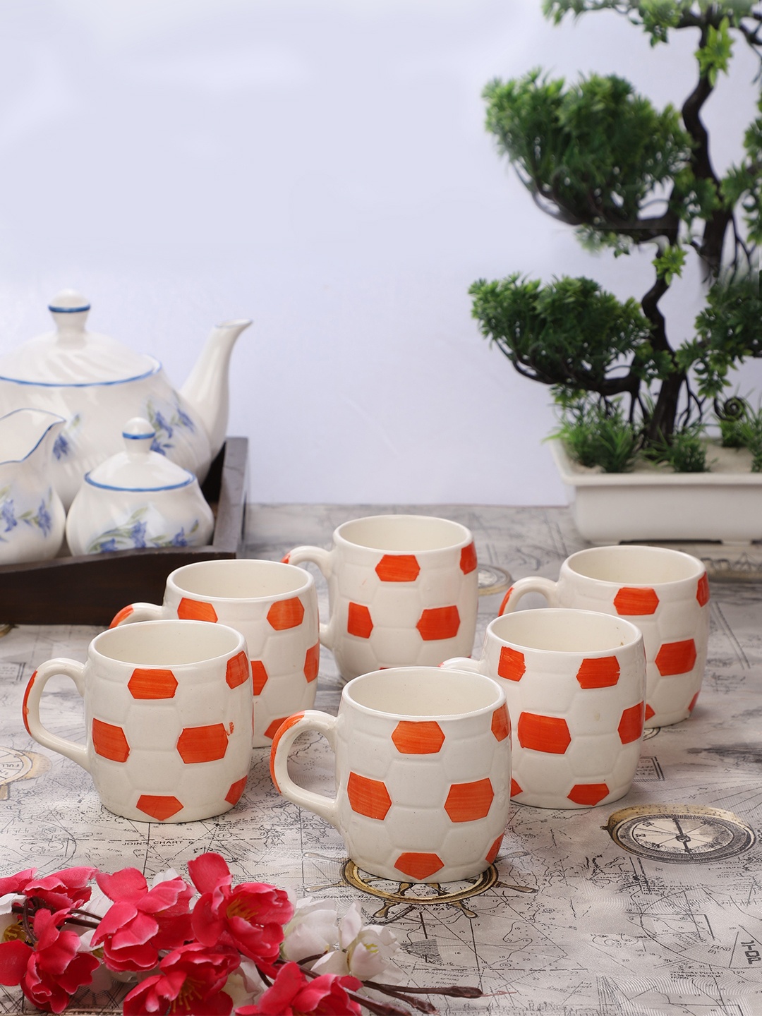 CDI Set Of 6 White & Red Printed Football-Shaped Medium Ceramic Tea Cups