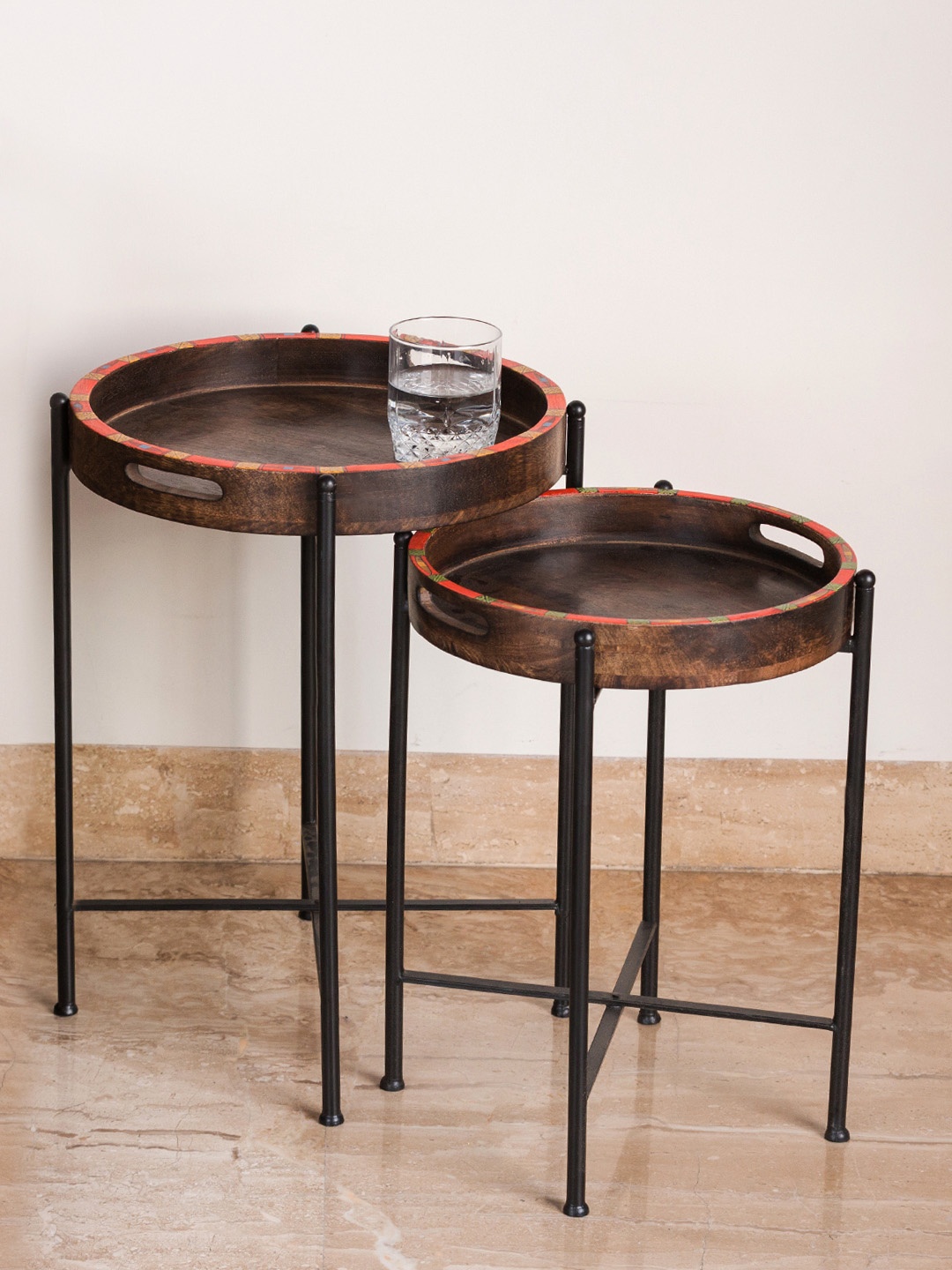 

ExclusiveLane Brown Set of 2 Madhubani Wooden Tray Tables With Foldable Stands
