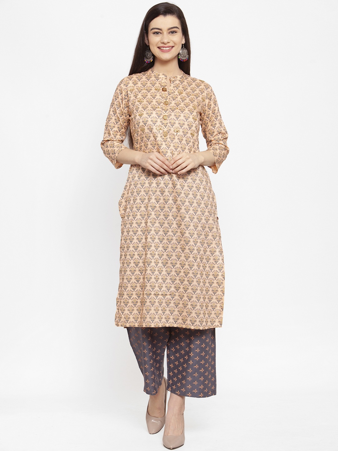 

ANAISA Women Peach-Coloured & Grey Embroidered Kurta with Palazzos