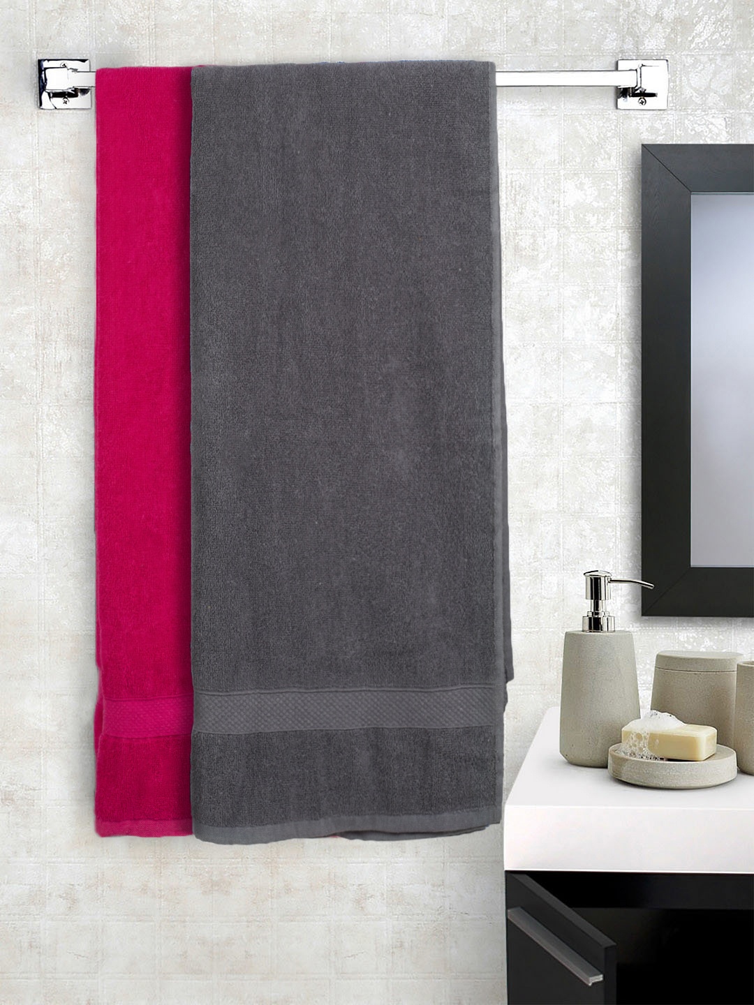 

Turkish Bath Unisex Set Of 2 Pink & Grey Solid 550 GSM Bath & Pool Towel Set