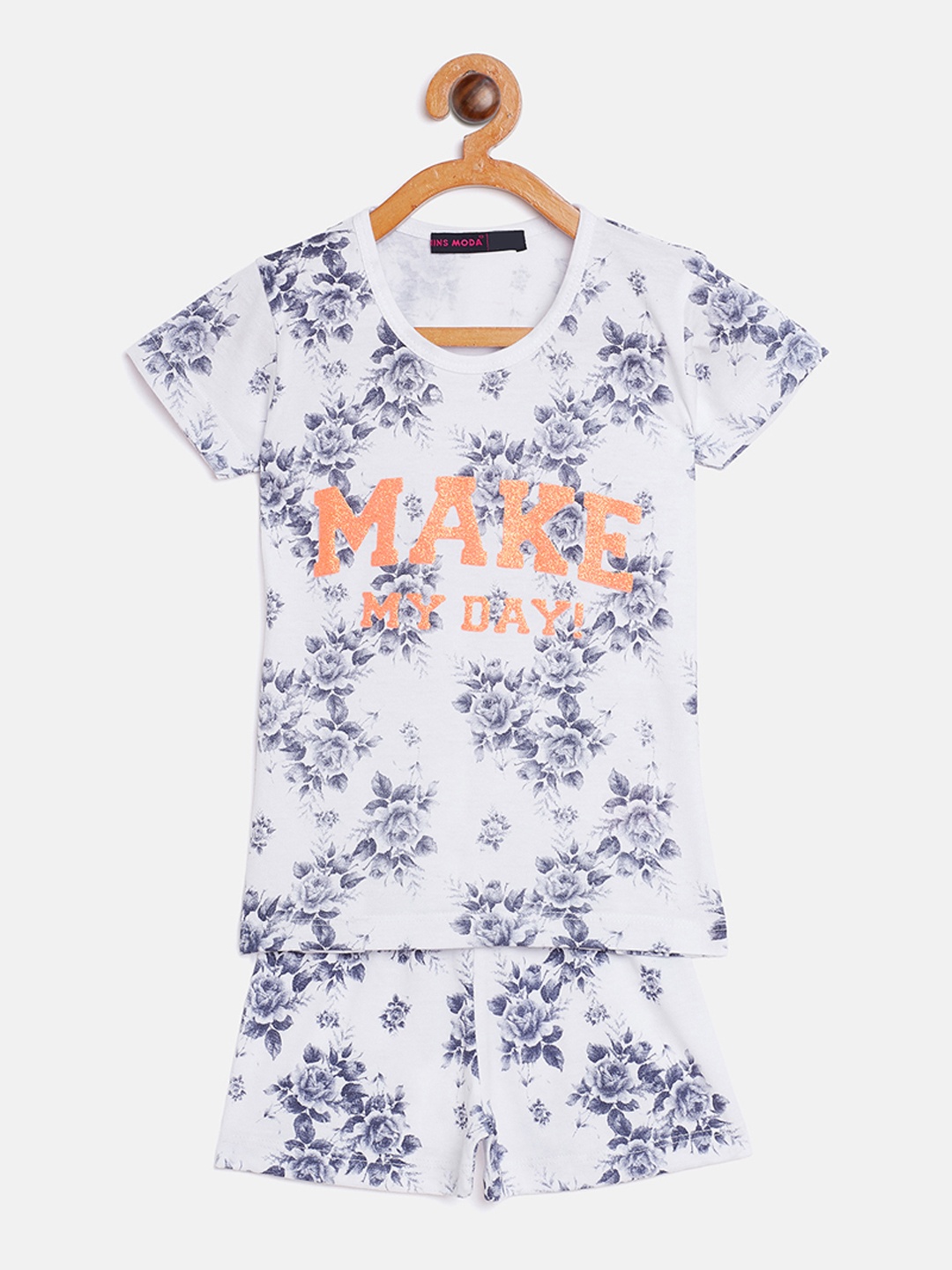 

Nins Moda Girls White & Grey Printed Night suit