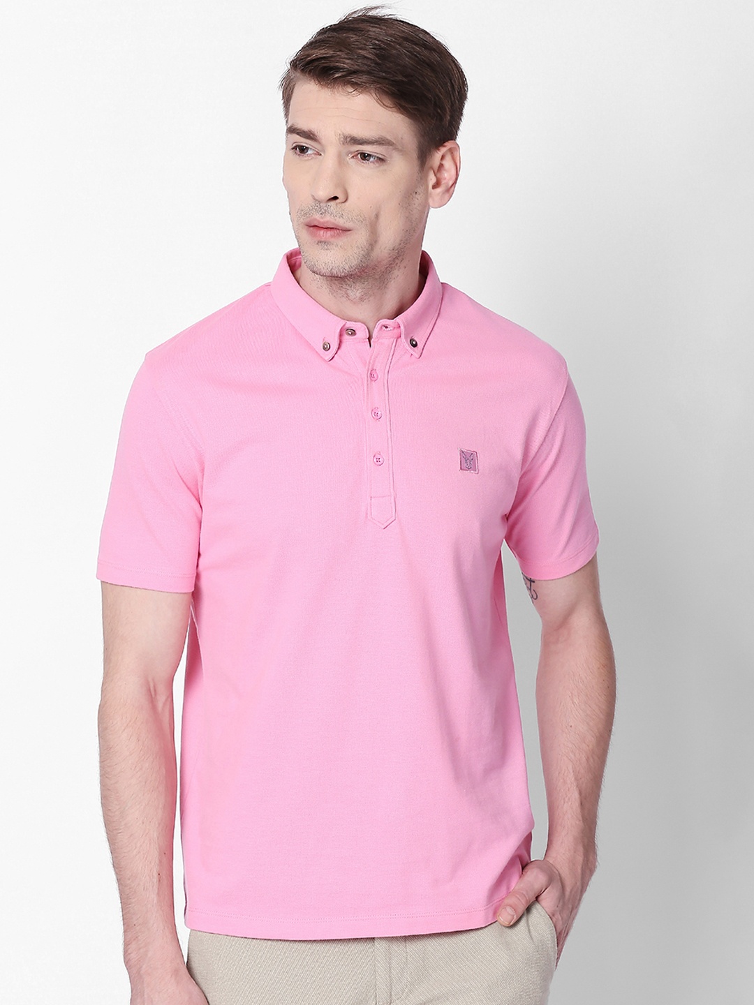 RARE RABBIT Men Cassini Slim Fit Solid Polo Collar T-Shirt, Pink