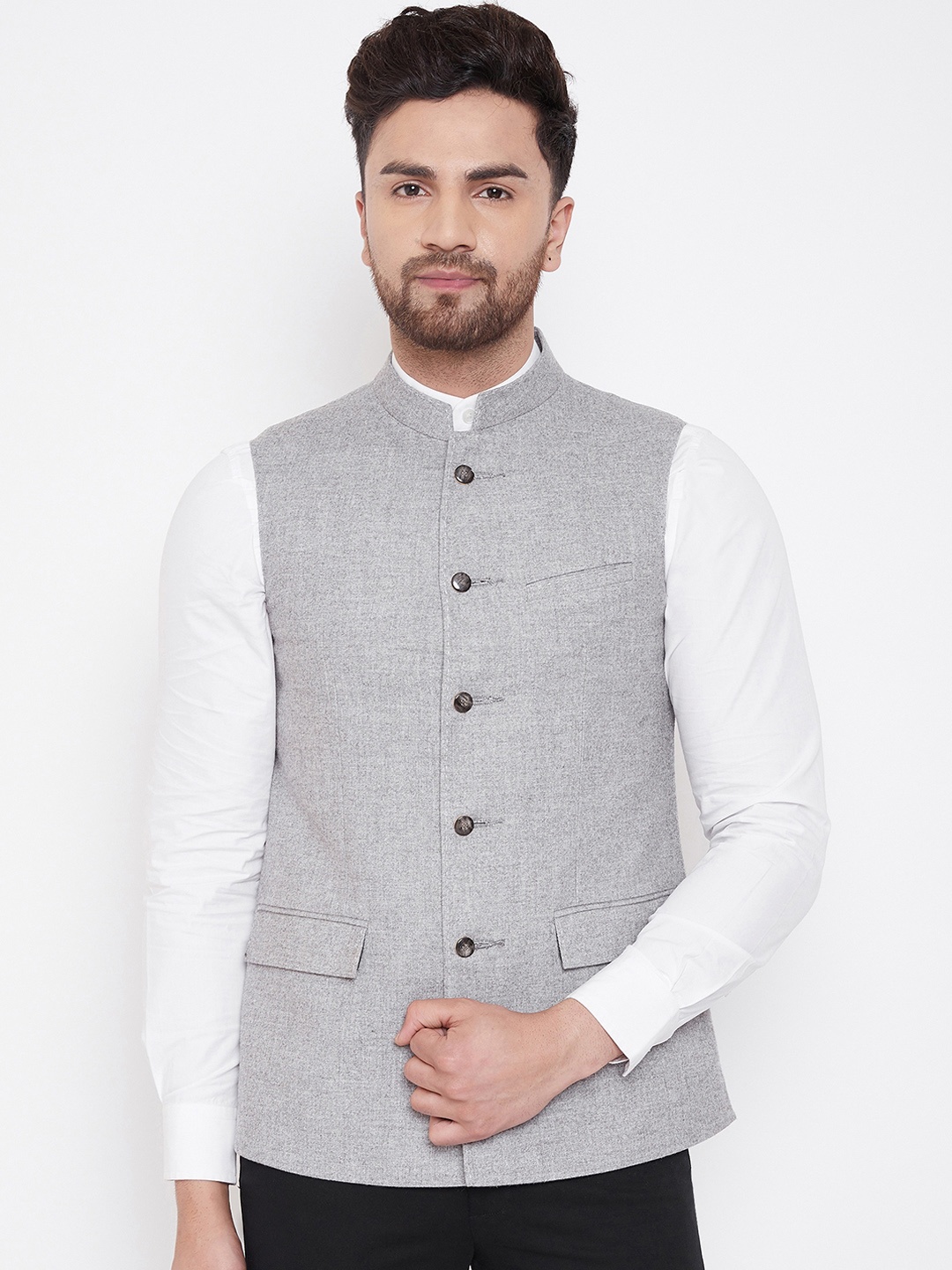 

Spirit Men Grey Solid Woven Nehru Jacket