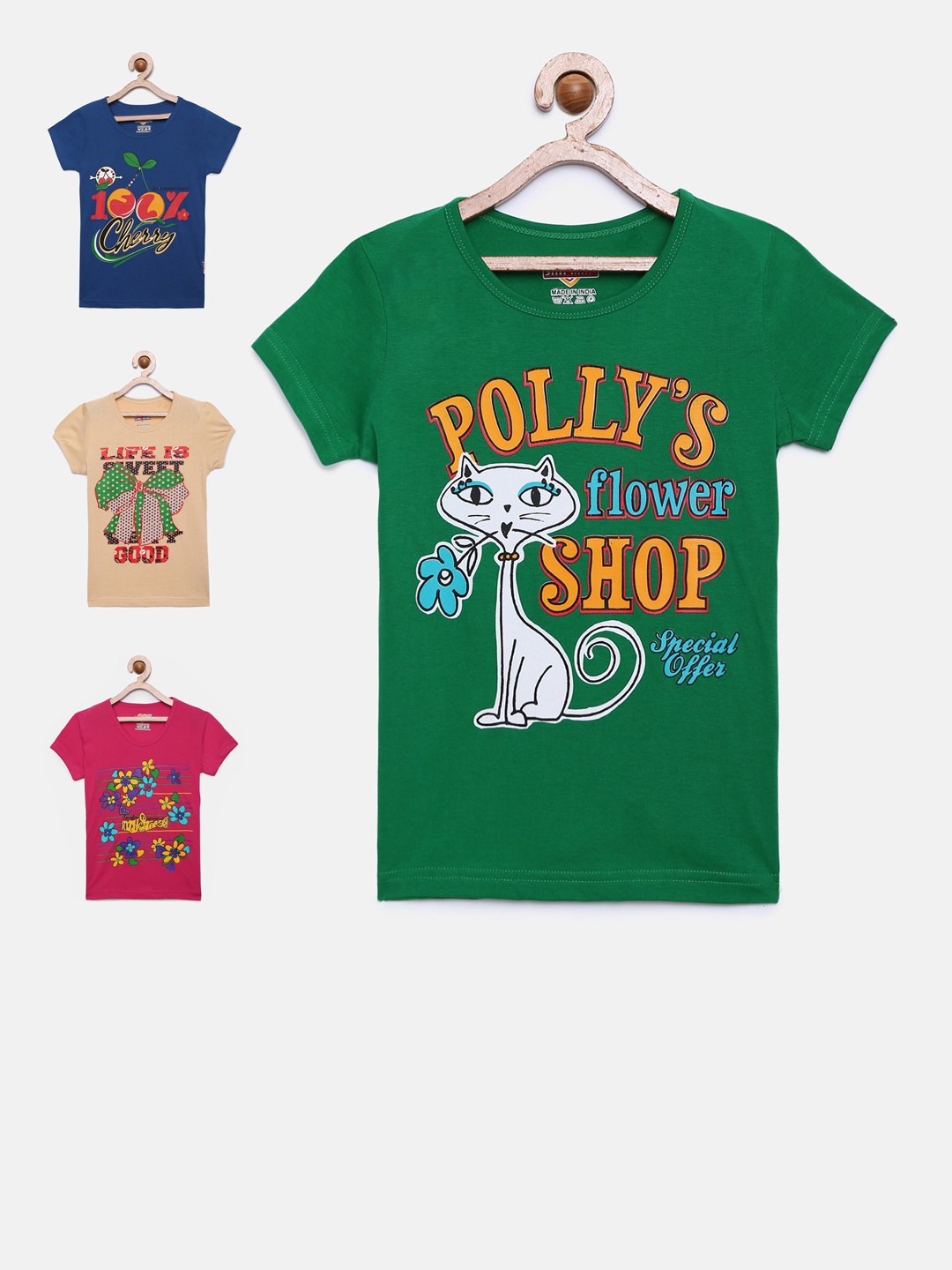 

SINI MINI Girls Pack Of 4 Printed Round Neck T-shirt, Green