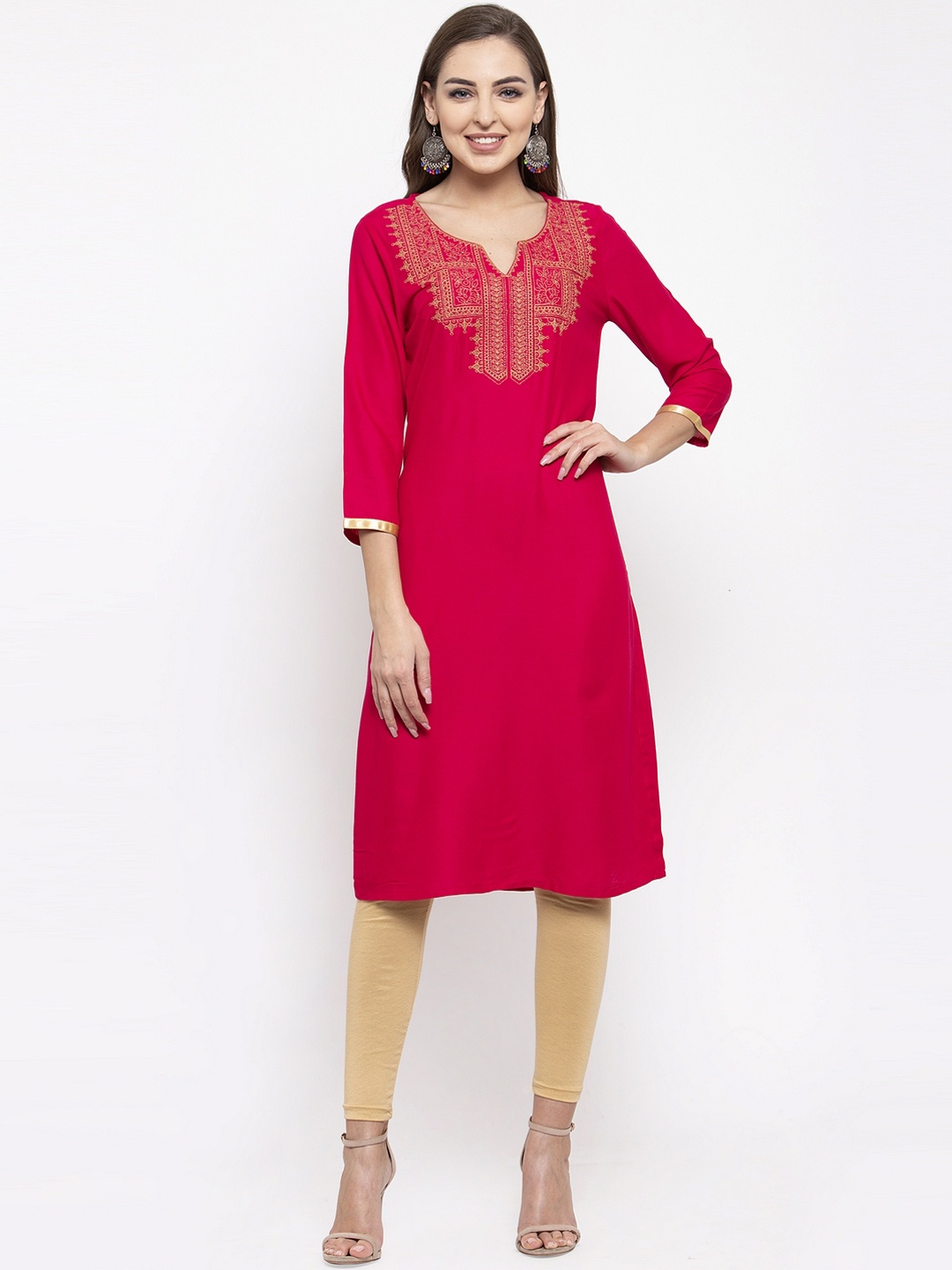 

Purple State Women Pink Embroidered Straight Kurta