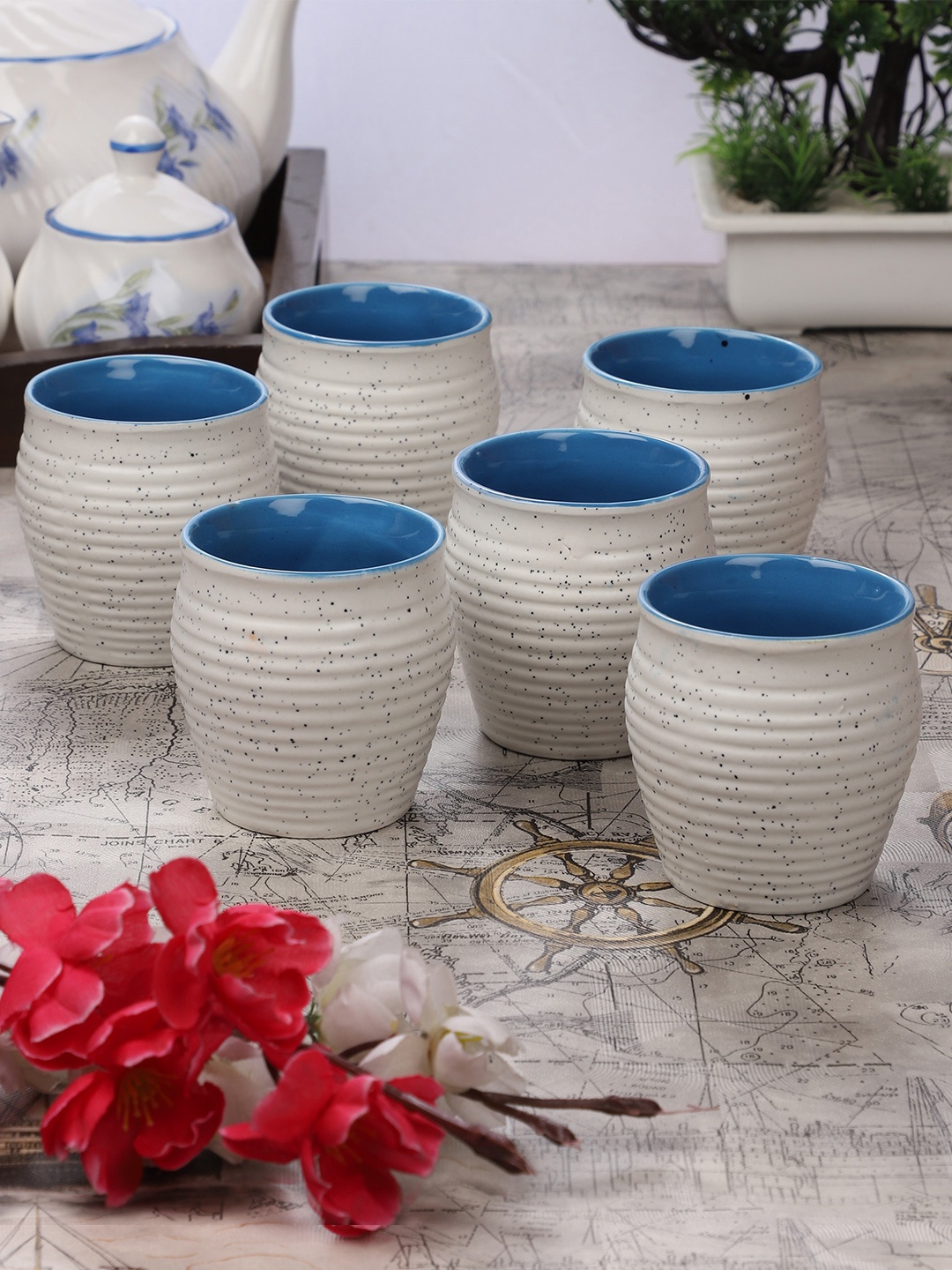 

CDI Beige & Blue 6-Pieces Textured Ceramic Cups Set, Off white