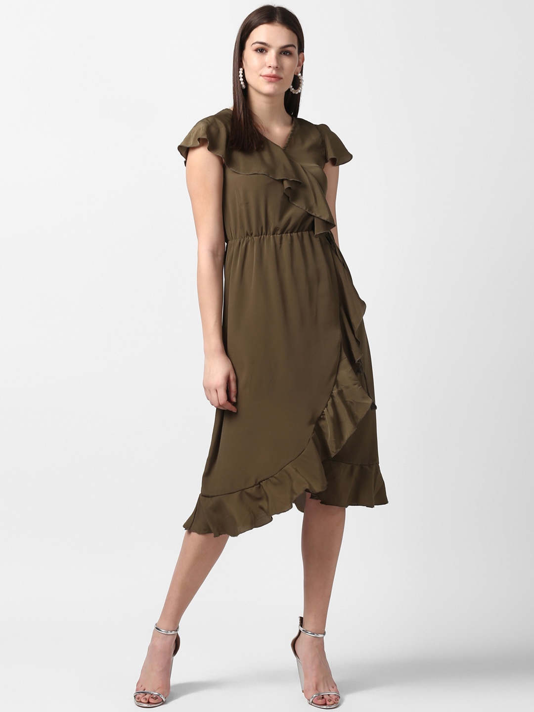 

StyleStone Women Olive Green Solid Wrap Dress