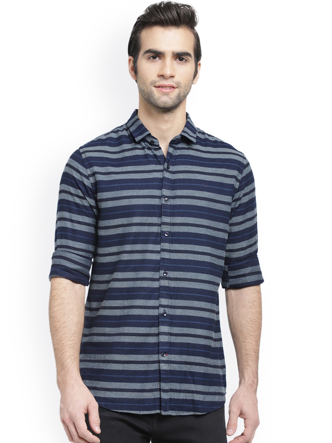 

cape canary Men Navy Blue & Grey Regular Fit Striped Casual Shirt
