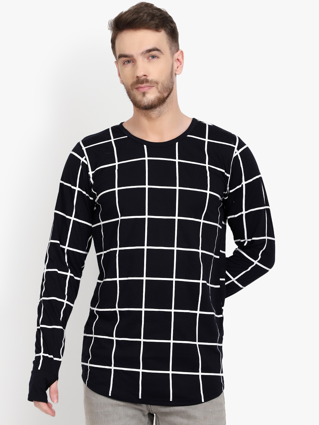 

PAUSE SPORT Men Black White Checked Round Neck Pure Cotton T-shirt