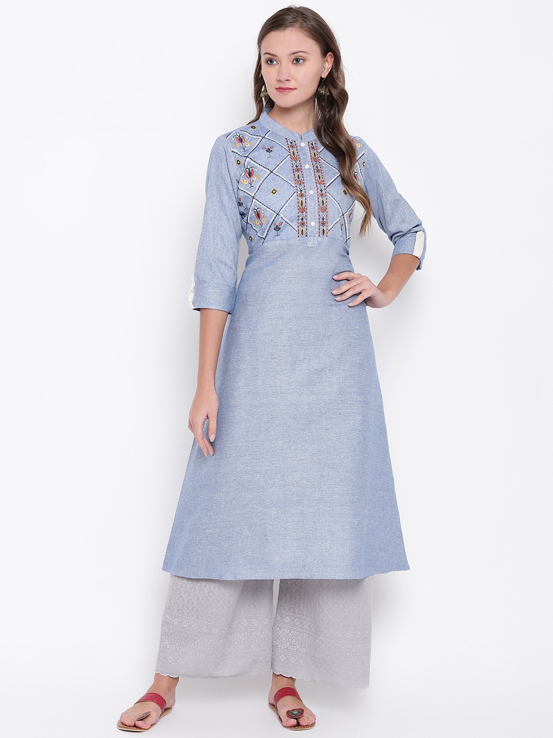 

Vbuyz Women Blue Yoke Design A-Line Kurta