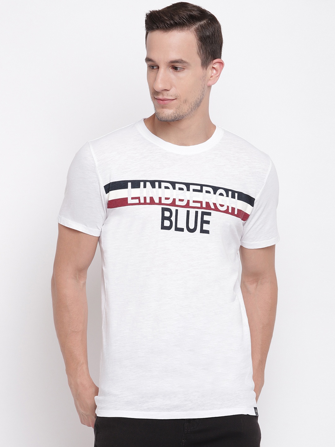 LINDBERGH Men White & Navy Blue Printed Round Neck T-shirt