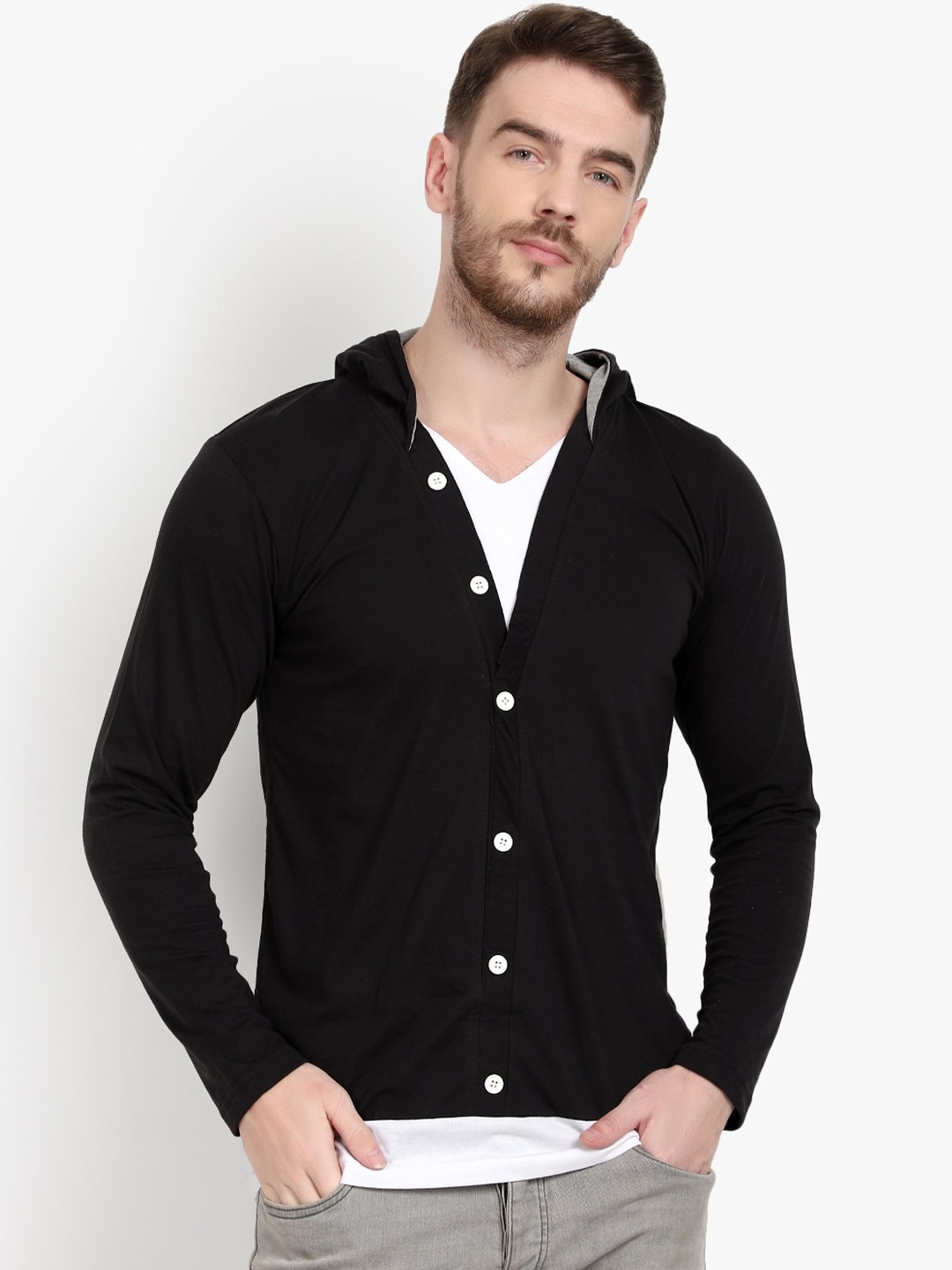 

PAUSE SPORT Men Black Colourblocked Hood Pure Cotton T-shirt