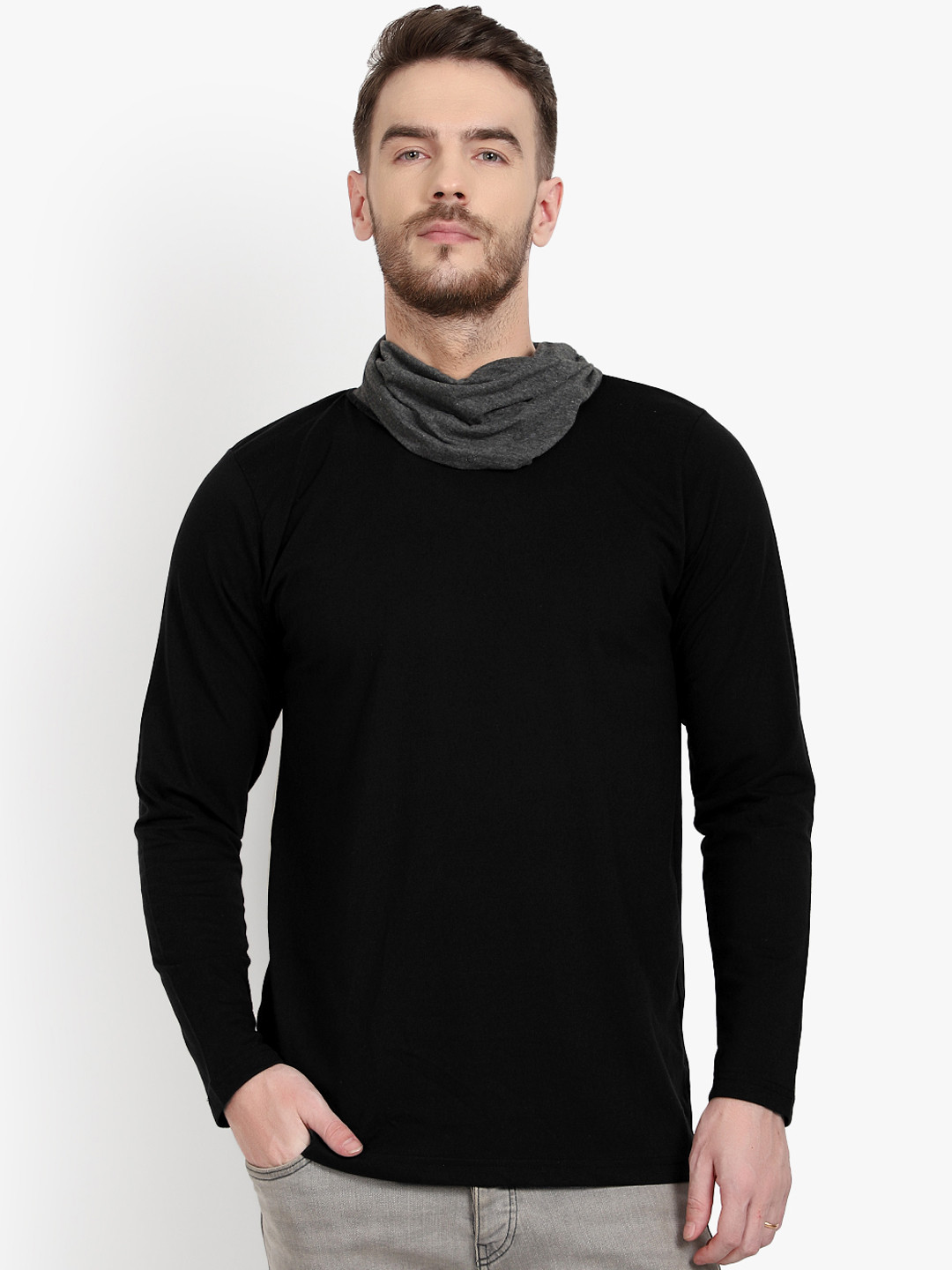 

PAUSE SPORT Men Black Solid Cowl Neck Pure Cotton T-shirt