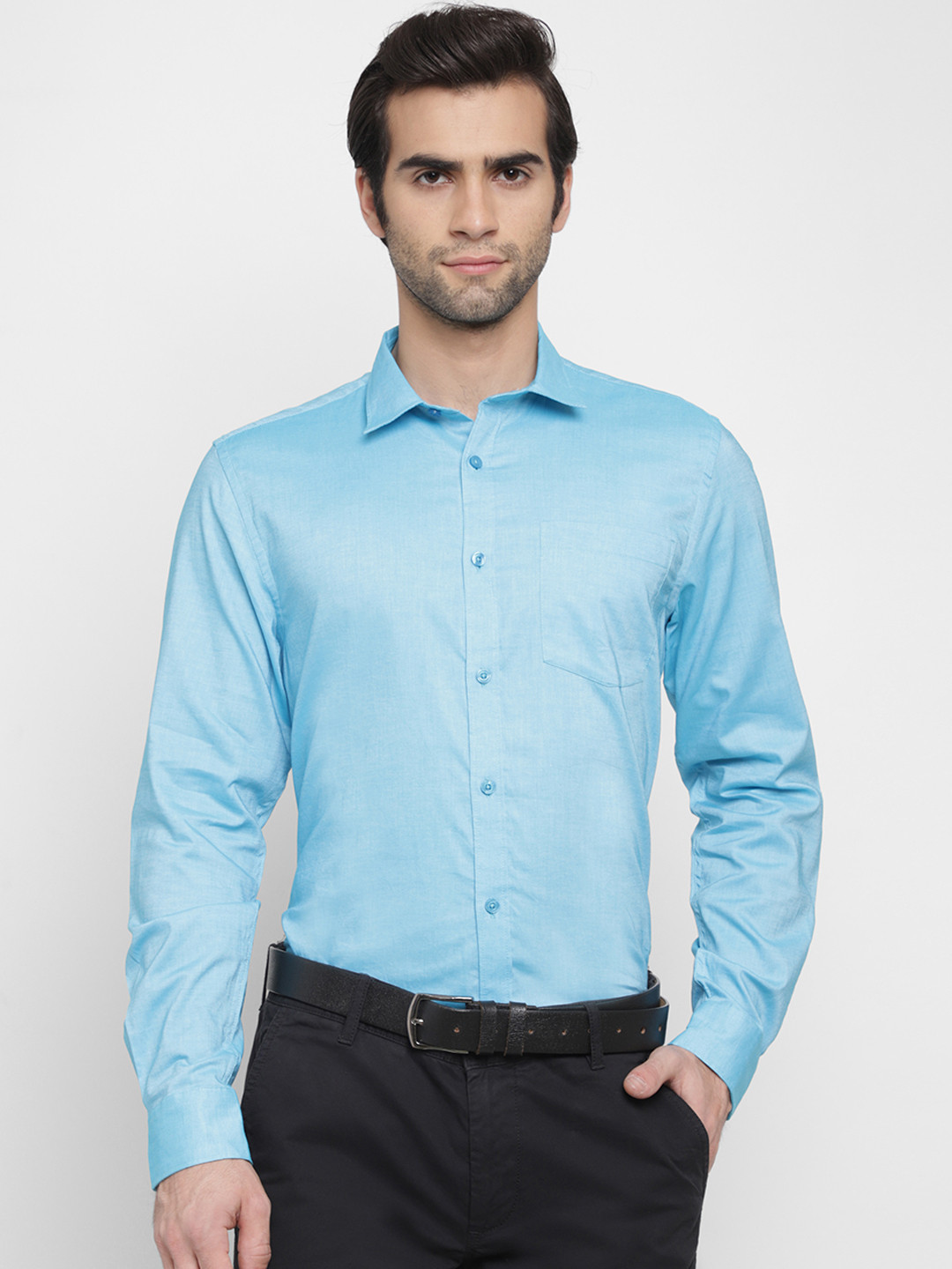 

cape canary Men Turquoise Blue Slim Fit Solid Formal Shirt