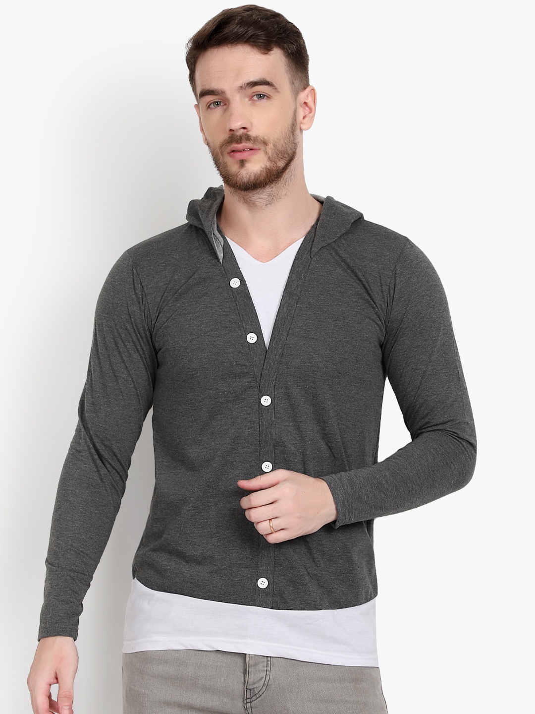 

PAUSE SPORT Men Grey White Colourblocked Hood Pure Cotton T-shirt