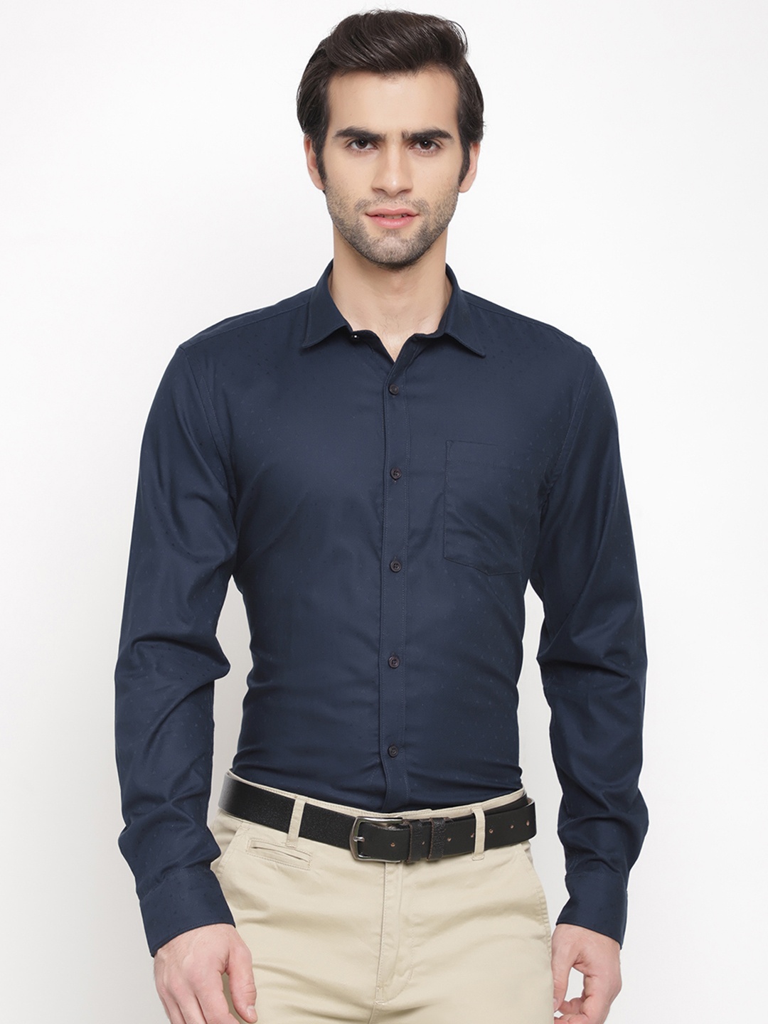 

cape canary Men Navy Blue Regular Fit Solid Formal Shirt