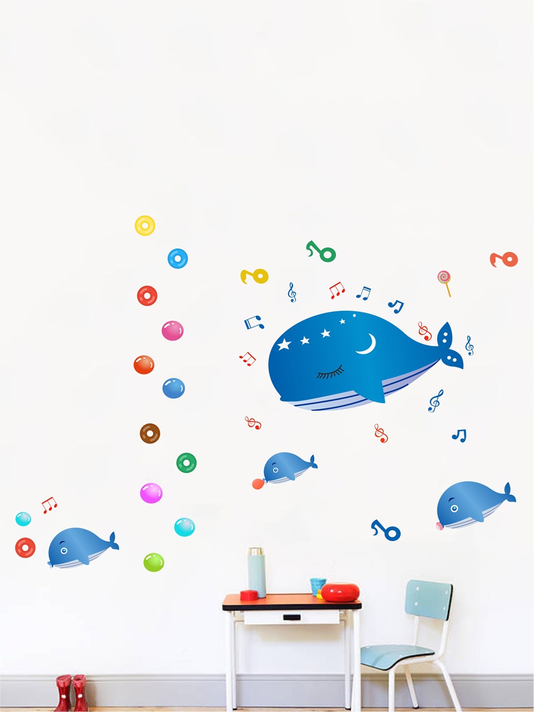 rawpockets Multicoloured Blue Whale With Music Wall Stickers, Multi