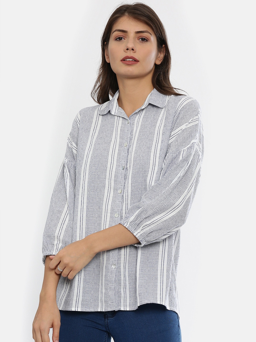 

IDK Women Blue & White Regular Fit Striped Casual Shirt