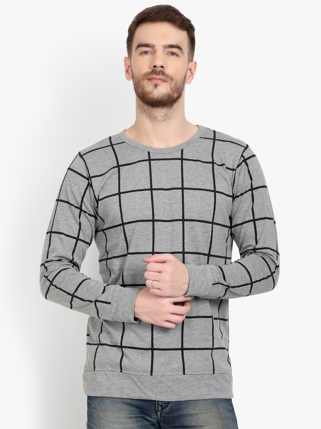 

PAUSE SPORT Men Grey Black Checked Round Neck Pure Cotton T-shirt