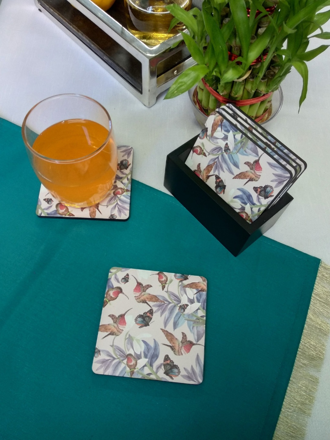 

CRAYTON Set Of 6 White & Blue Bird Floral Printed Square MDF Coasters With Holder