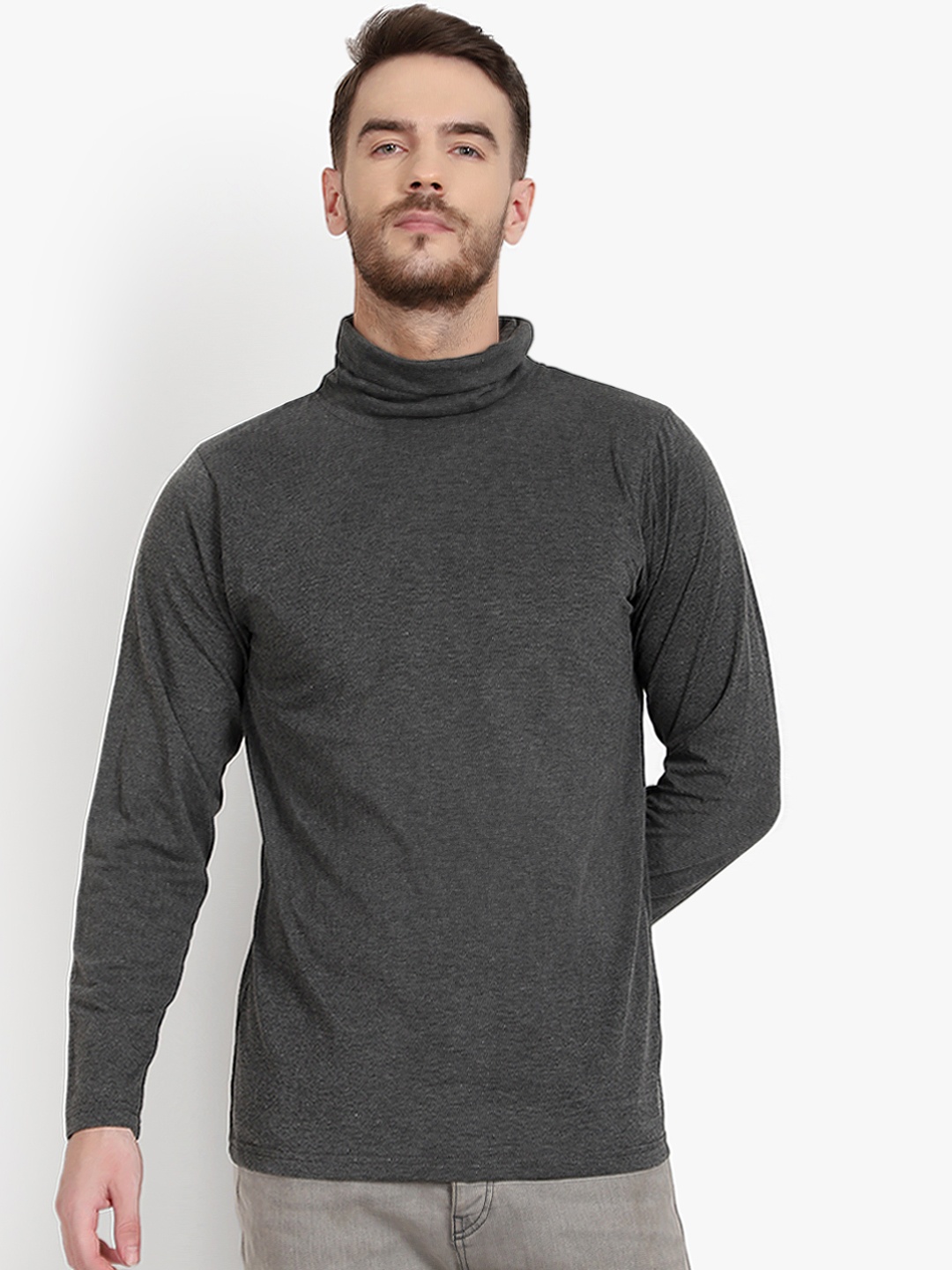 

PAUSE SPORT Men Grey Solid Turtle Neck Pure Cotton T-shirt