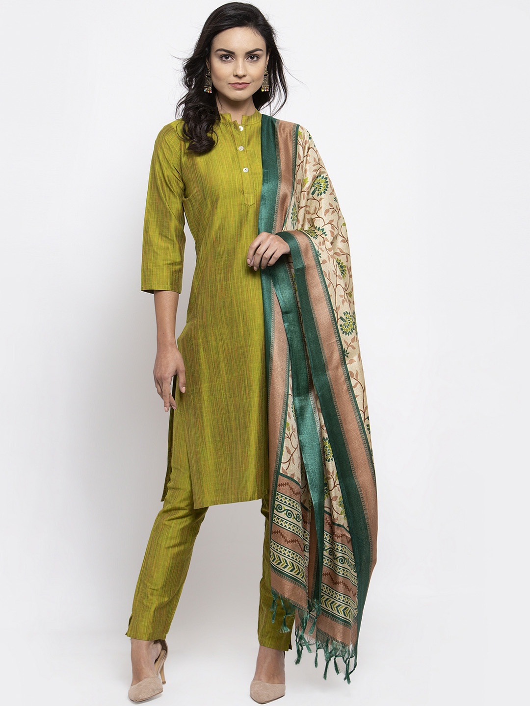 

Jompers Beige & Green Printed Dupatta