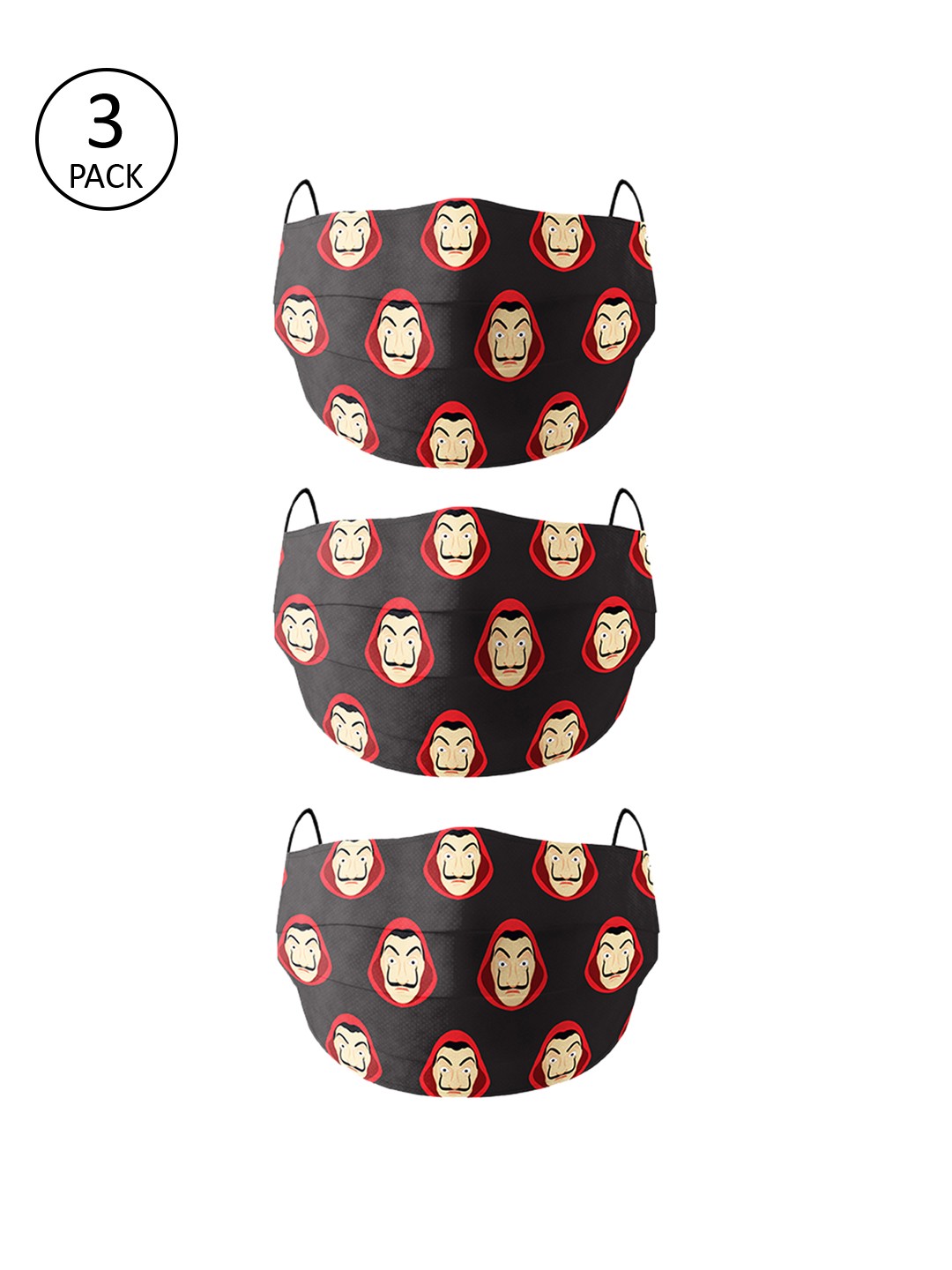 

Bigsmall Unisex 3 Pcs Money Heist Printed 3-Ply Reusable Cloth Masks, Black