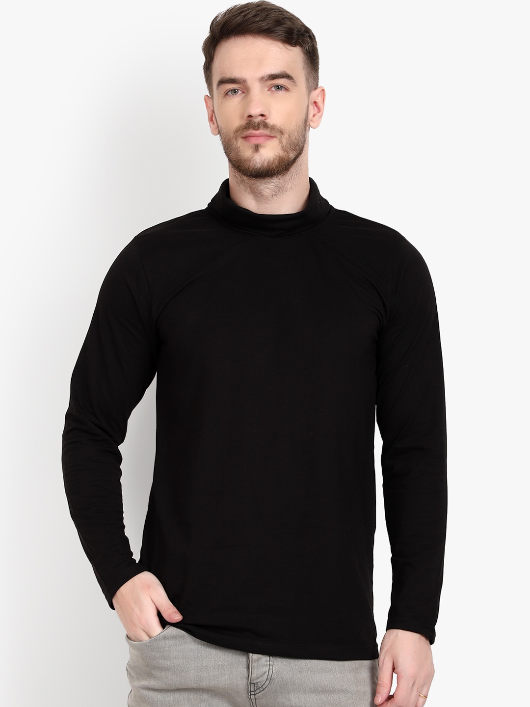 

PAUSE SPORT Men Black Solid Turtle Neck Pure Cotton T-shirt