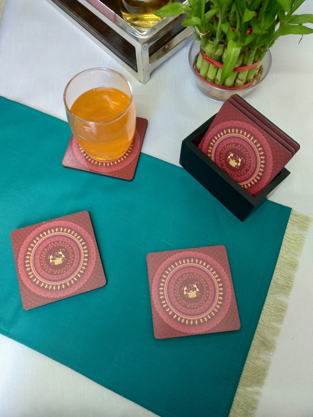 

CRAYTON Set Of 6 Maroon & Yellow Warli Print Square MDF Coasters With Holder