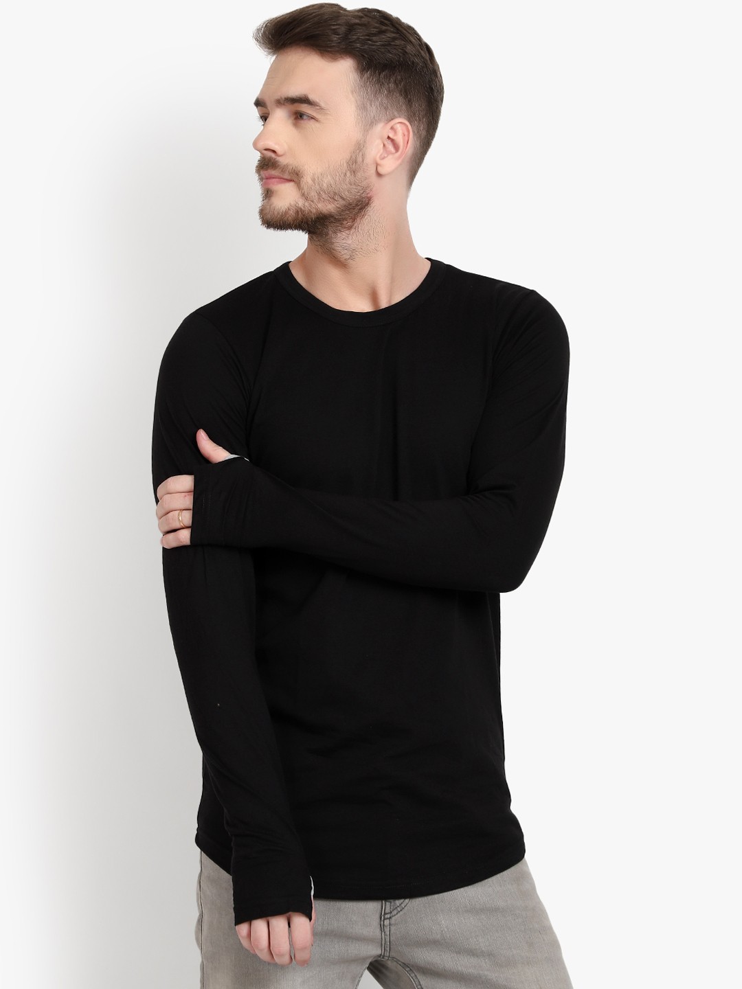 

PAUSE SPORT Men Black Solid Round Neck Pure Cotton T-shirt