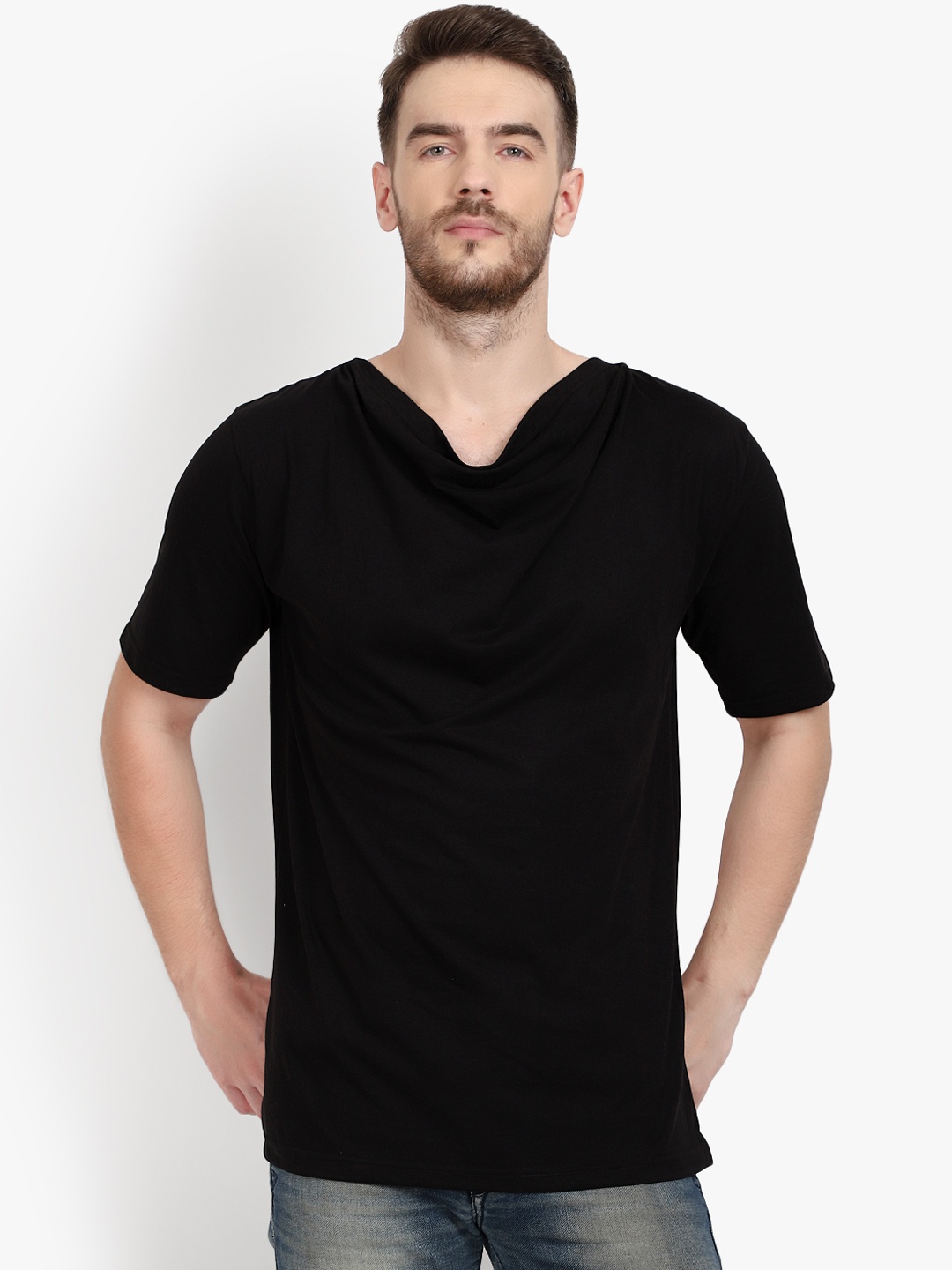 

PAUSE SPORT Men Black Solid Cowl Neck Pure Cotton T-shirt