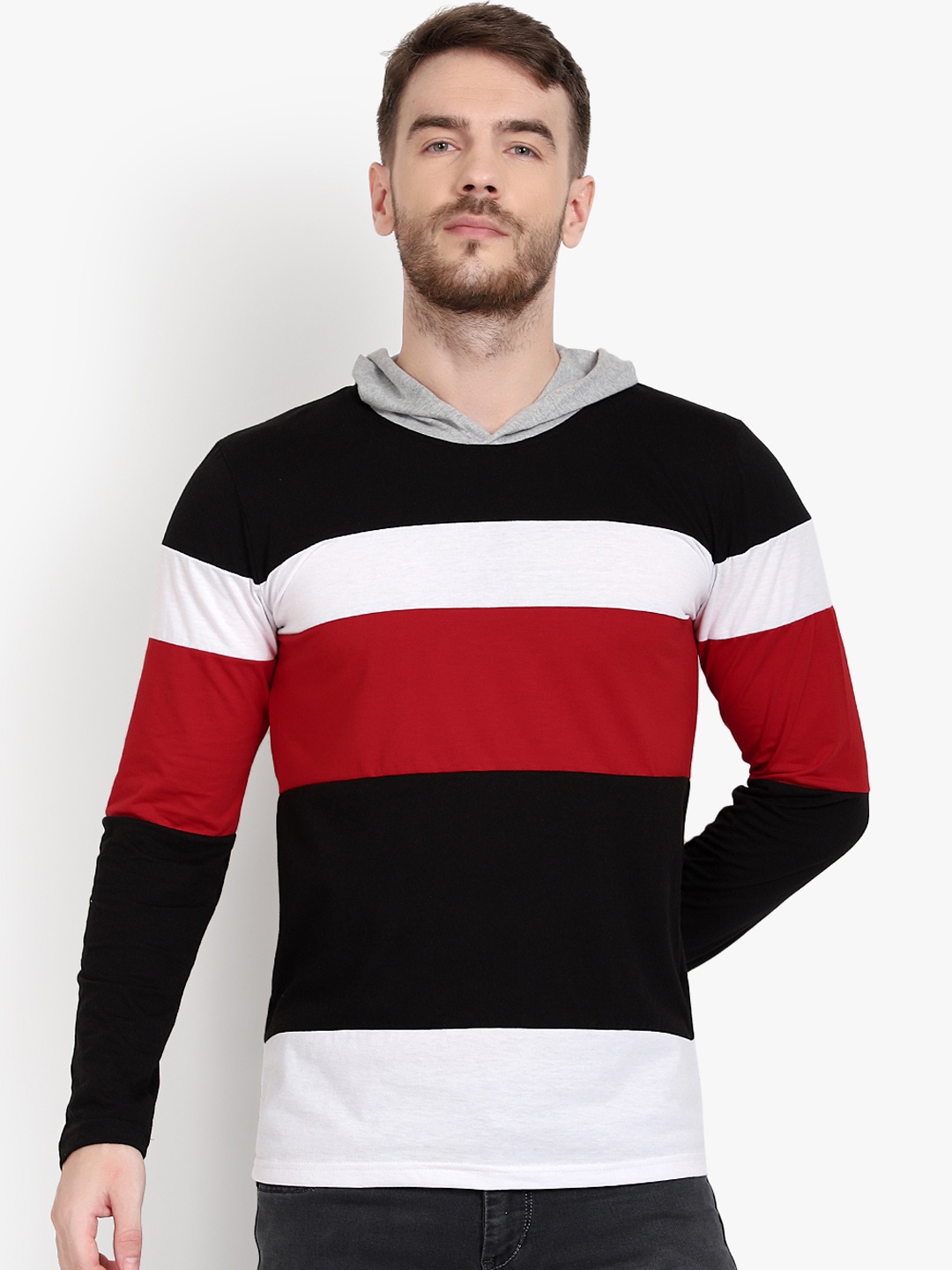 

PAUSE SPORT Men Black Red Colourblocked Hood Pure Cotton T-shirt