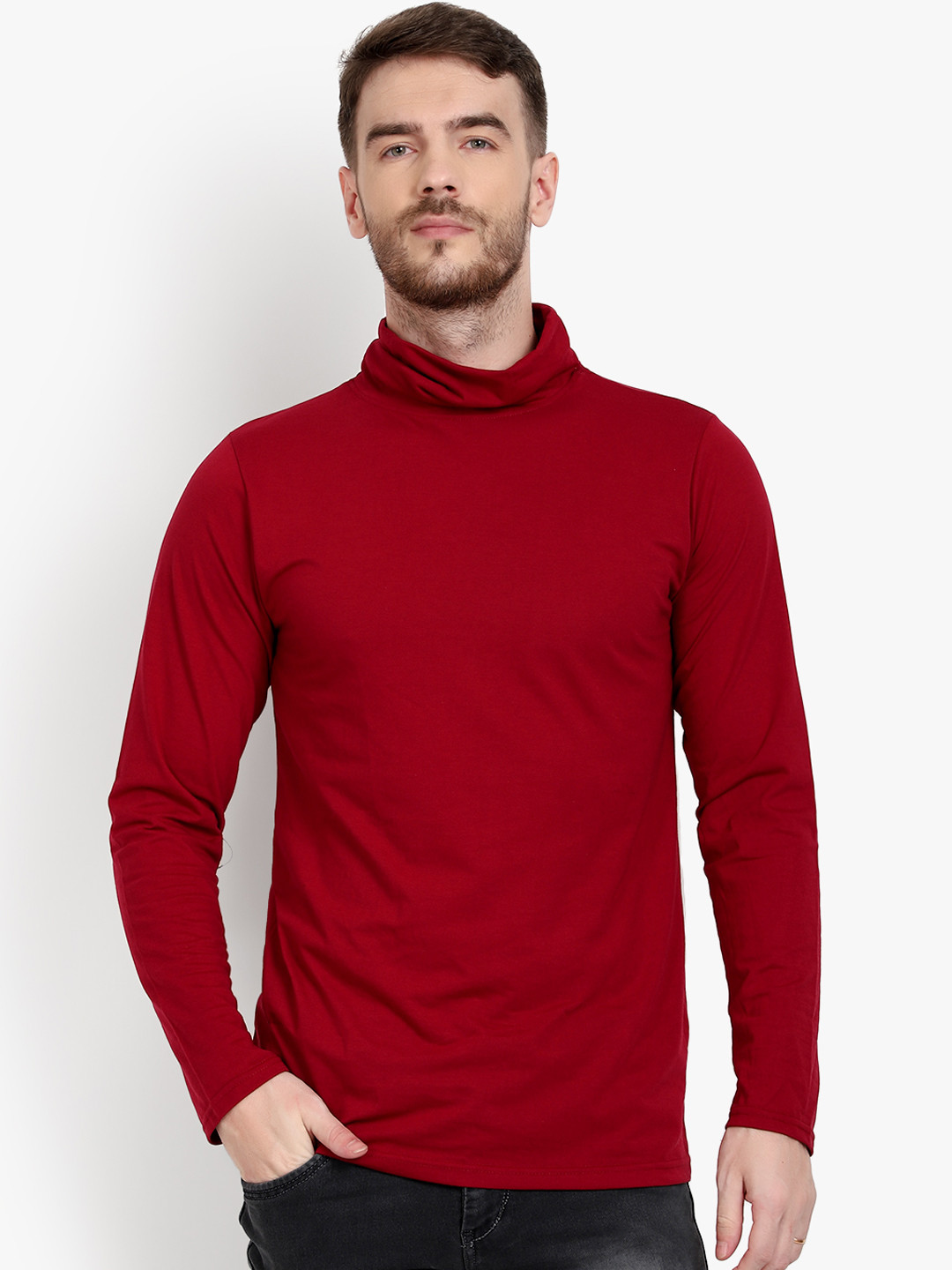 

PAUSE SPORT Men Maroon Solid Cowl Neck Pure Cotton T-shirt