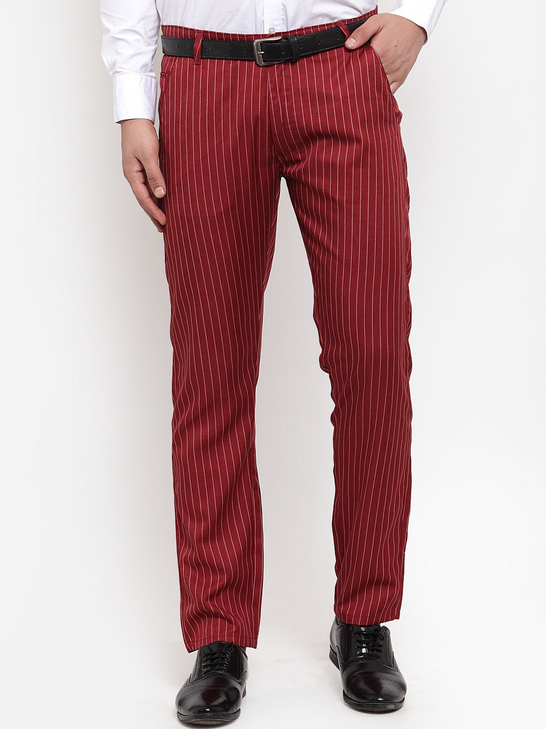 

JAINISH Men Maroon & White Slim Fit Striped Formal Trousers