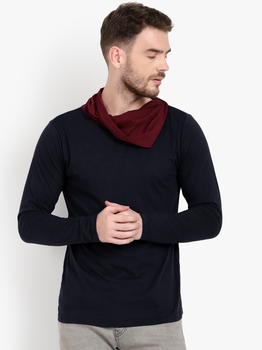 

PAUSE SPORT Men Navy Blue Solid Cowl Neck Pure Cotton T-shirt