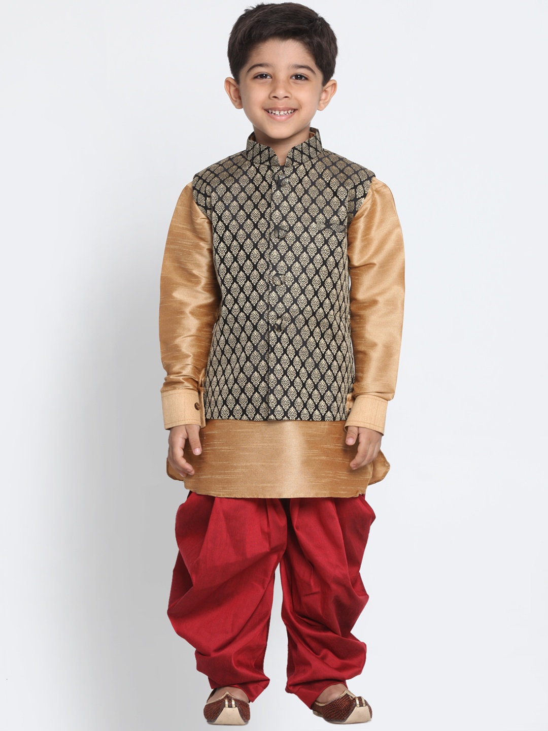 

JBN Creation Boys Gold & Maroon Self Design Kurta with Dhoti Pants and Ethnic Jacket
