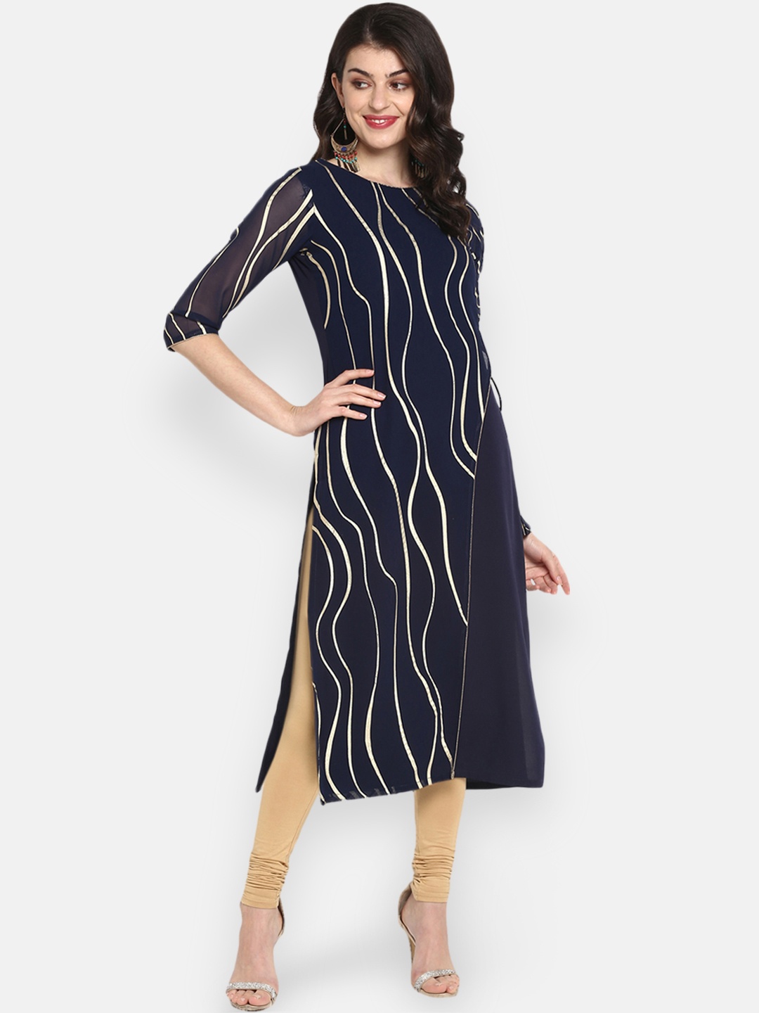 

Janasya Women Navy Blue & Gold Printed Straight Kurta