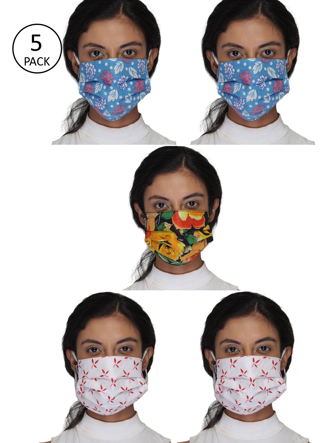 

Anekaant Women Pack Of 5 Multicolor 3-Ply Reusable Printed Fabric Fashion Mask, Multi