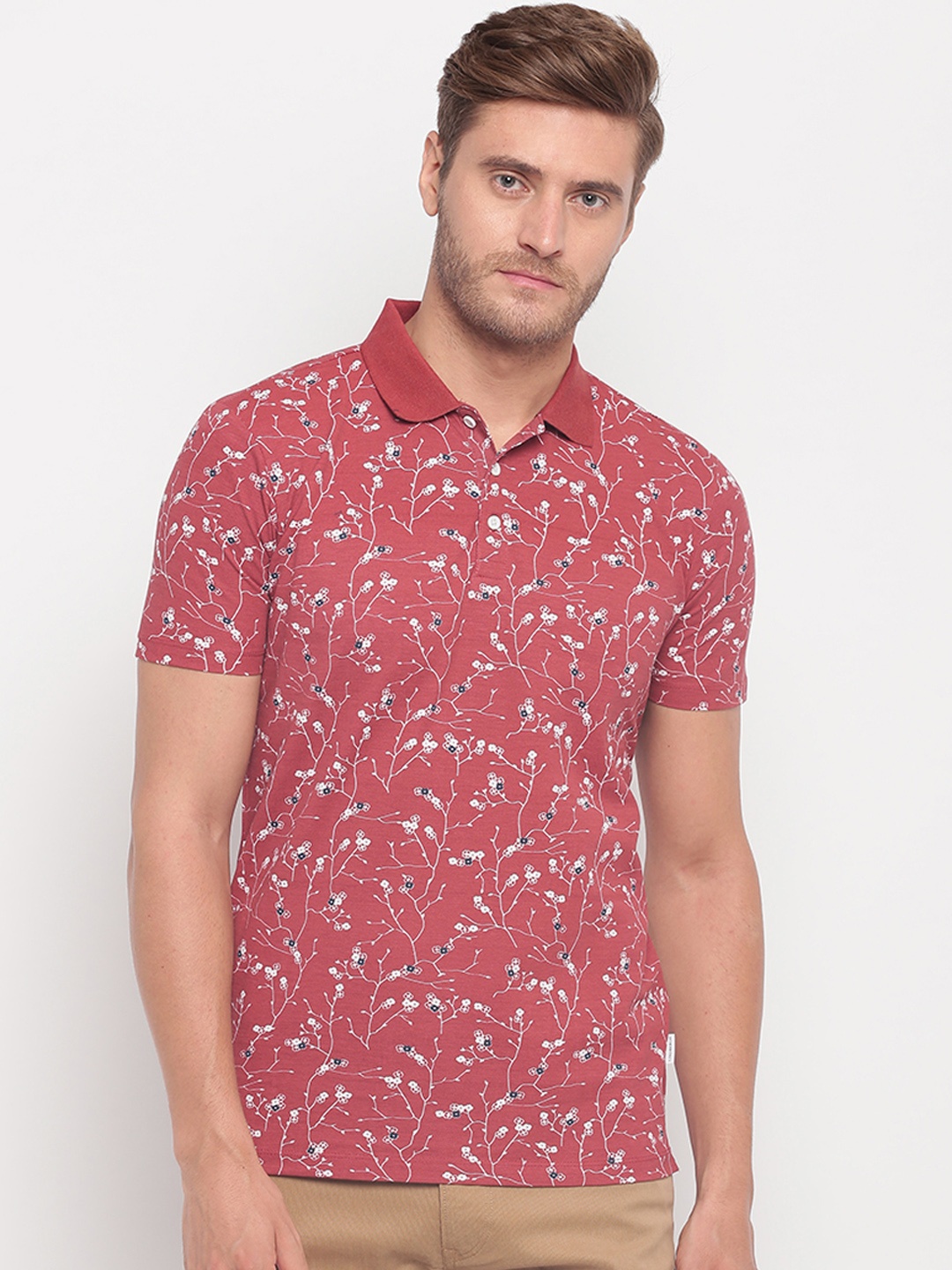 LINDBERGH Men Pink Floral Print Polo Collar T-shirt