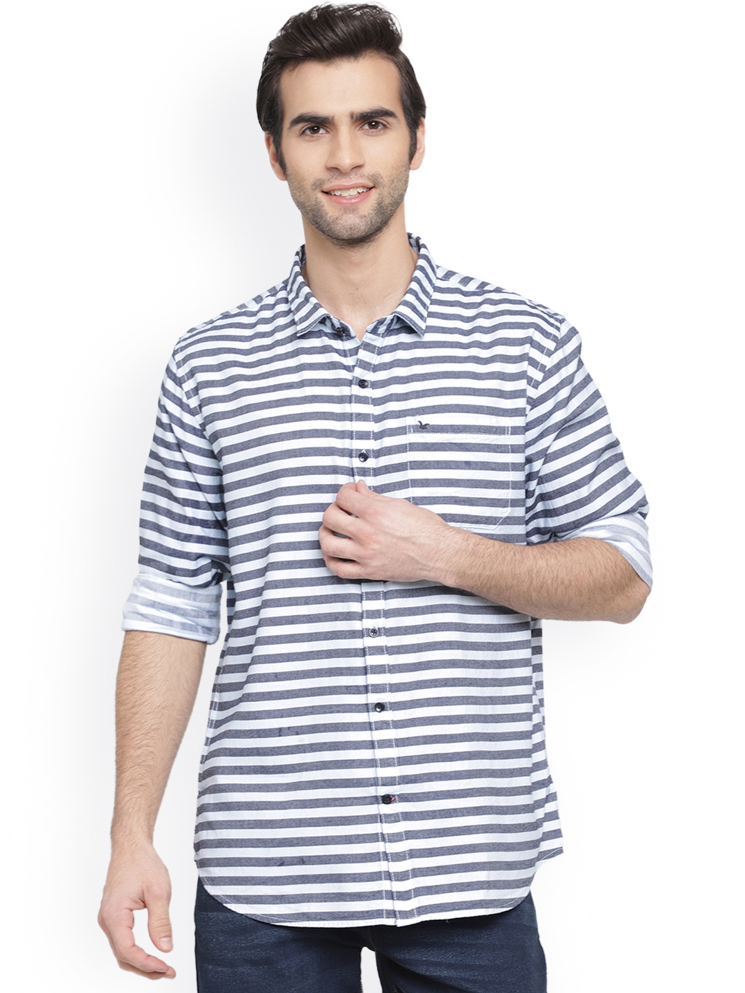 

cape canary Men Grey & White Regular Fit Striped Casual Shirt