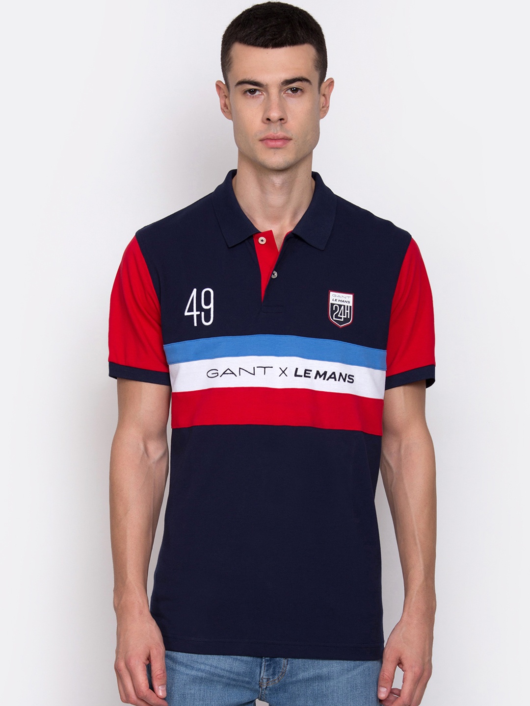 

GANT Men Navy Blue & Red Striped Embroidered Polo Collar T-shirt