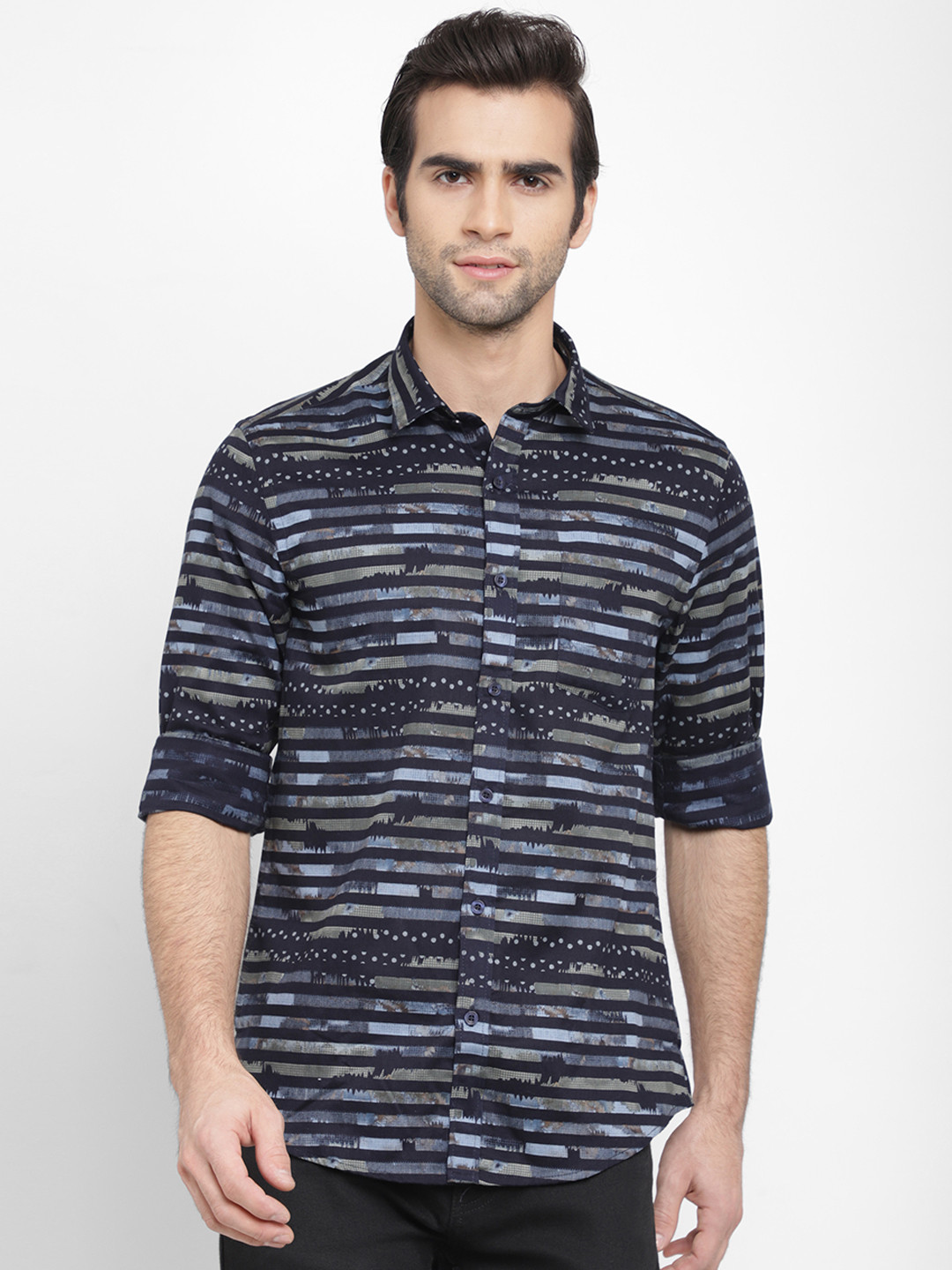 

cape canary Men Navy Blue Regular Fit Striped Casual Shirt