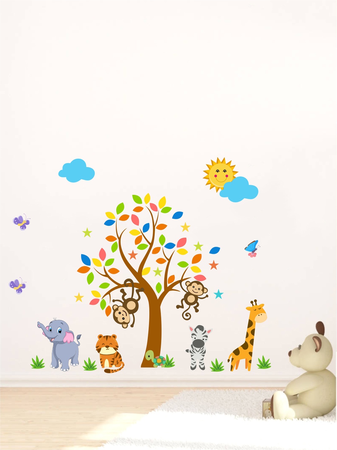 

rawpockets Multicoloured Baby Animals Under Tree PVC Vinyl Wall Stickers, Multi