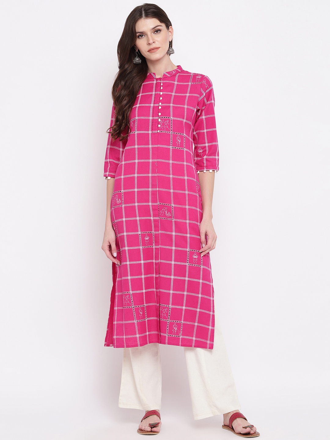 

Vbuyz Women Pink Checked Straight Kurta