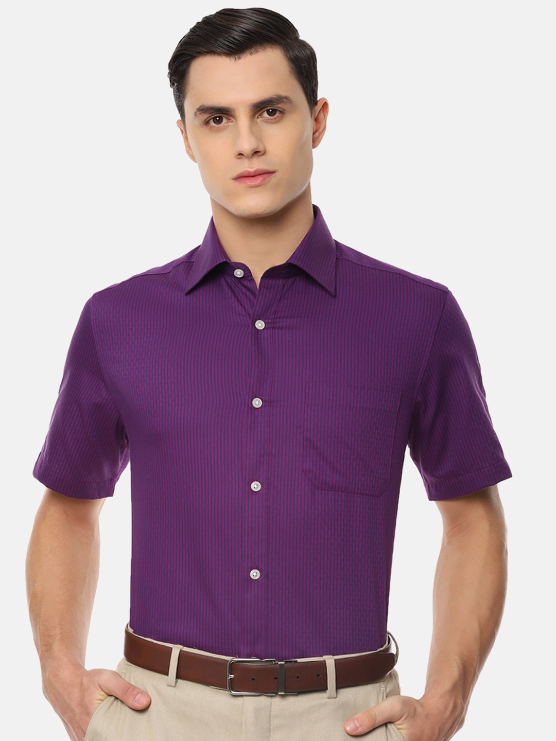 

Louis Philippe Men Purple & Navy Blue Regular Fit Striped Formal Shirt