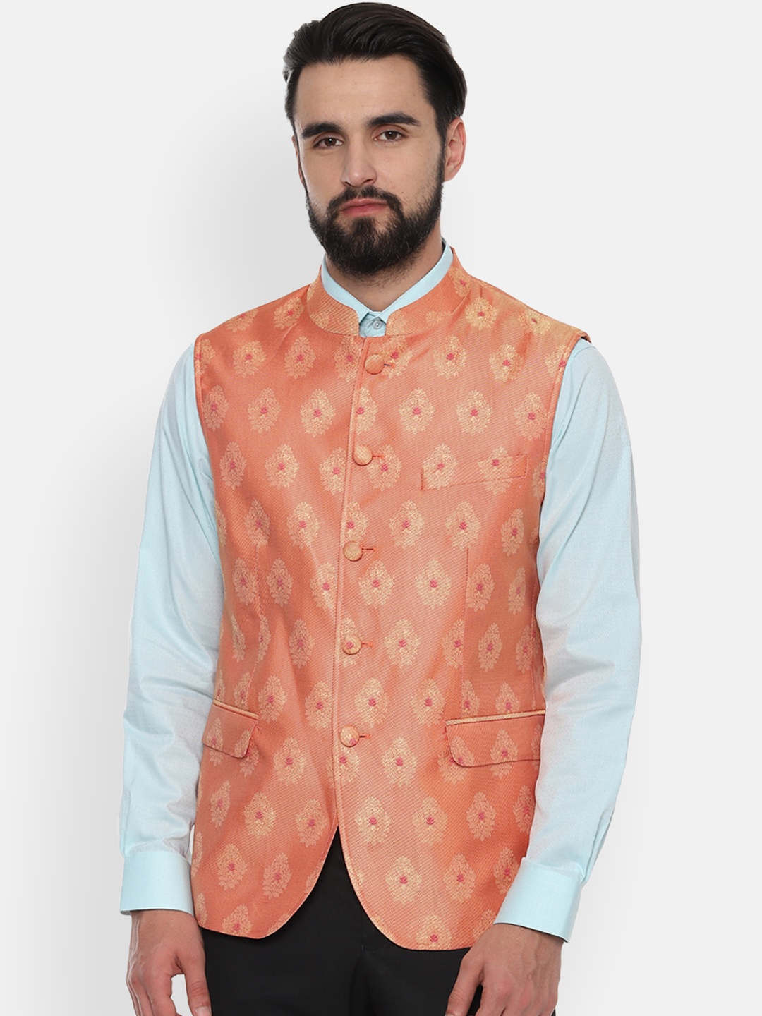

Louis Philippe Men Orange Printed Nehru Jacket