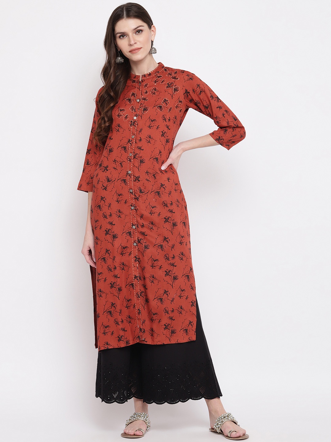 

Vbuyz Women Rust Printed Straight Kurta