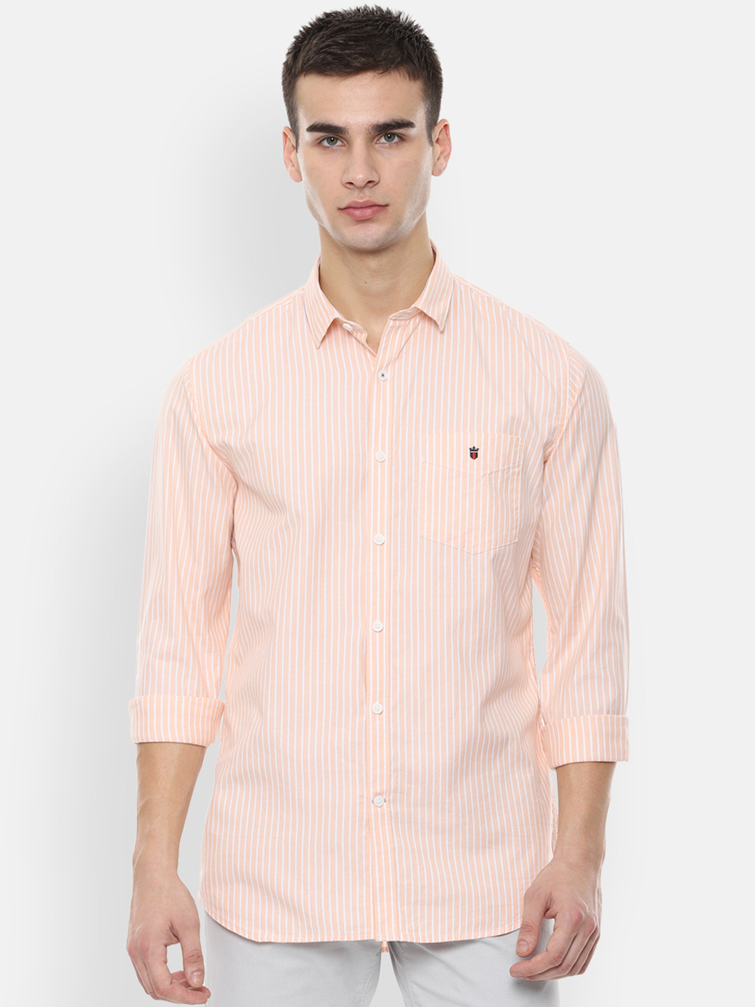 

Louis Philippe Sport Men Peach-Coloured Slim Fit Striped Casual Shirt