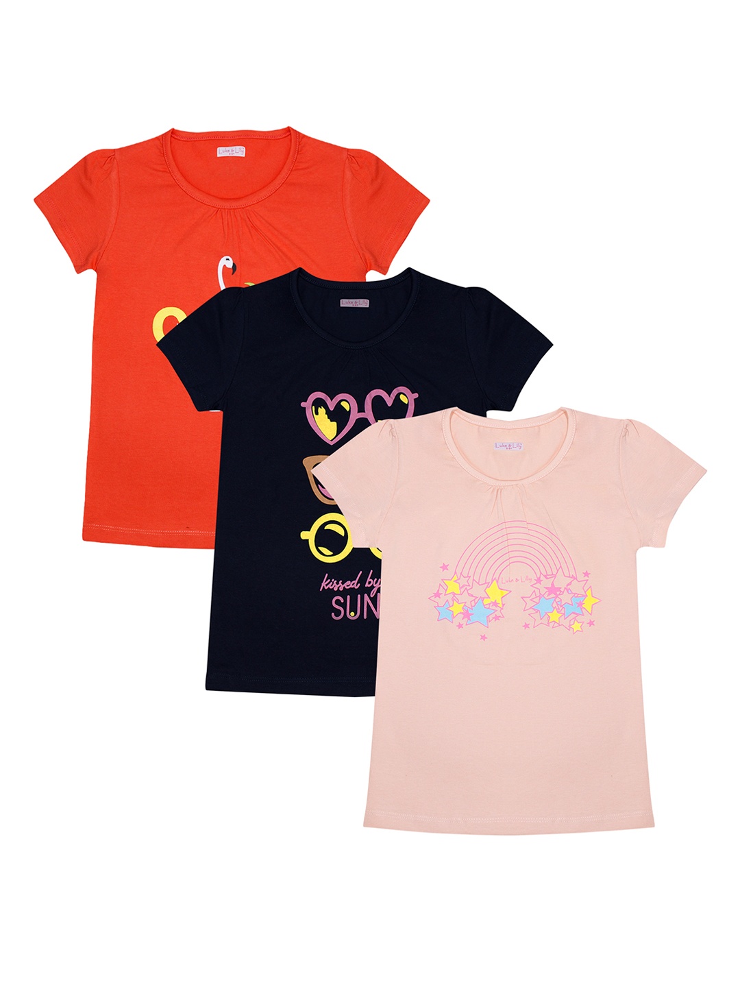 

Luke Lilly Girls Multicoloured Pack of 3 Pure Cotton T-shirts, Multi